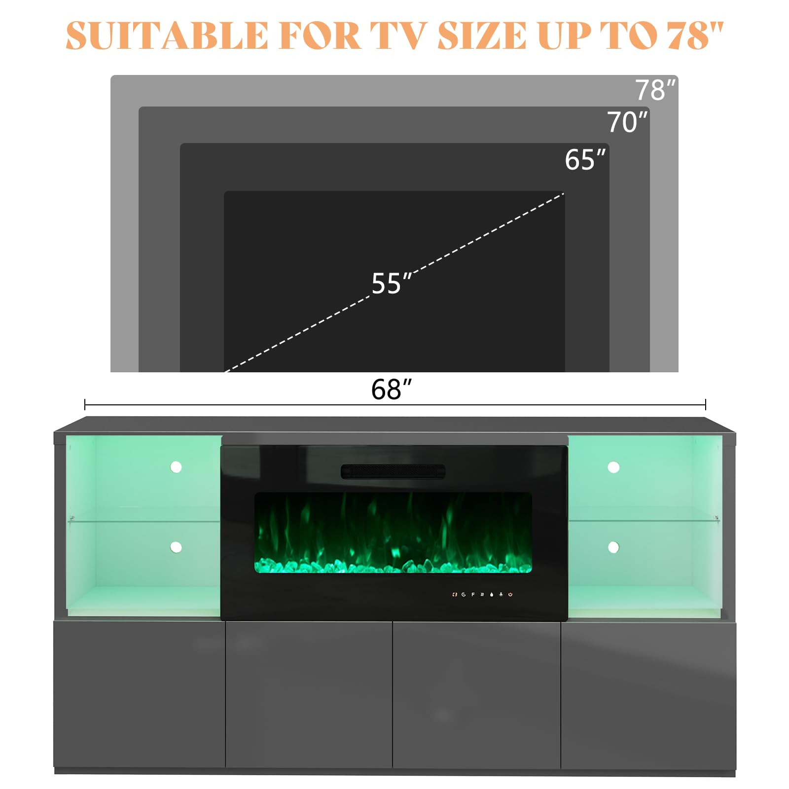68" High Gloss Fireplace TV Stand with LED Lights