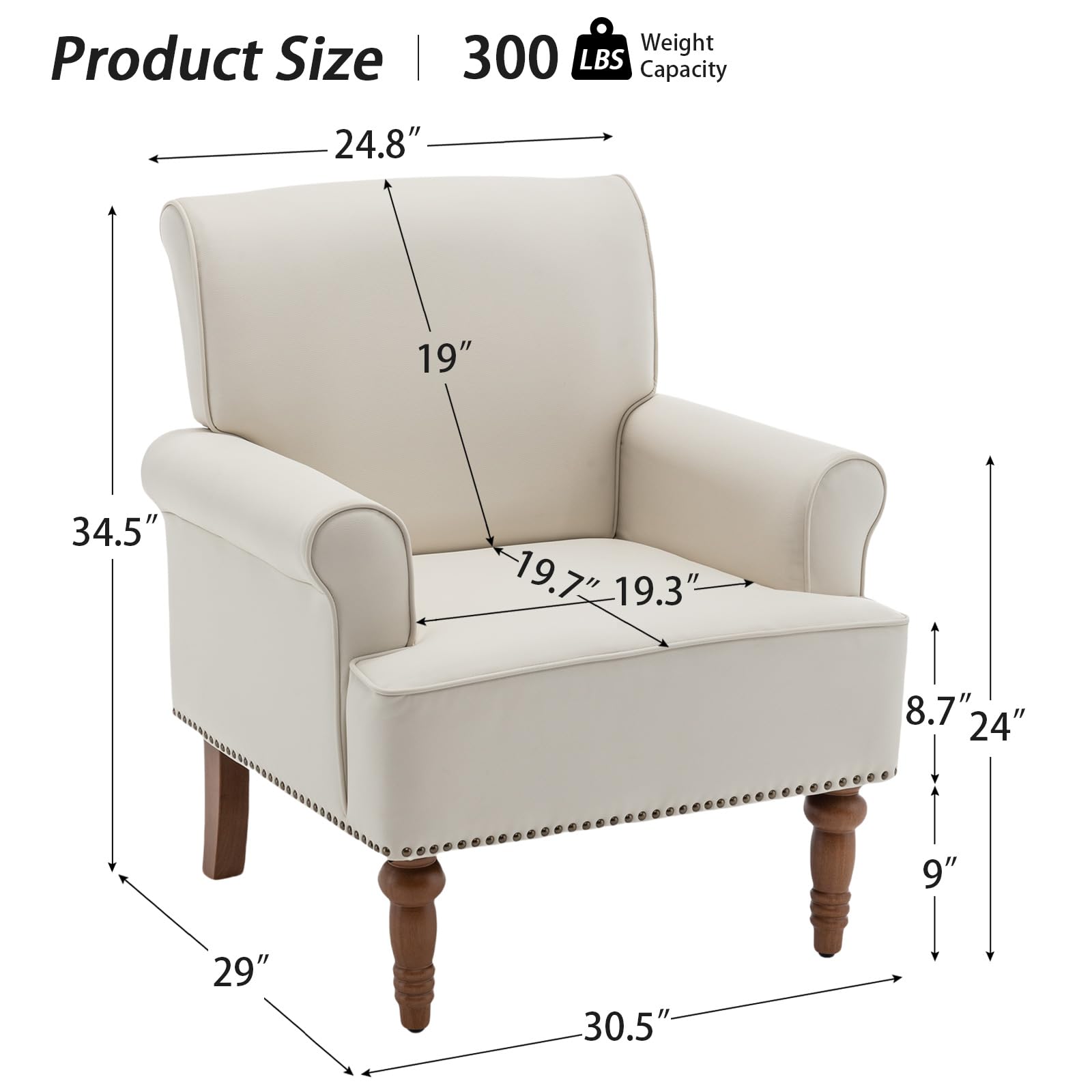 HOMEFLEX Accent Chair, Faux Leather Living Room Chairs with Nailhead Trim, Mid-Century Lounge Armchair with Solid Wood Legs, Comfy Reading Single Sofa for Bedroom, Waiting Room (White, 2 Chairs)