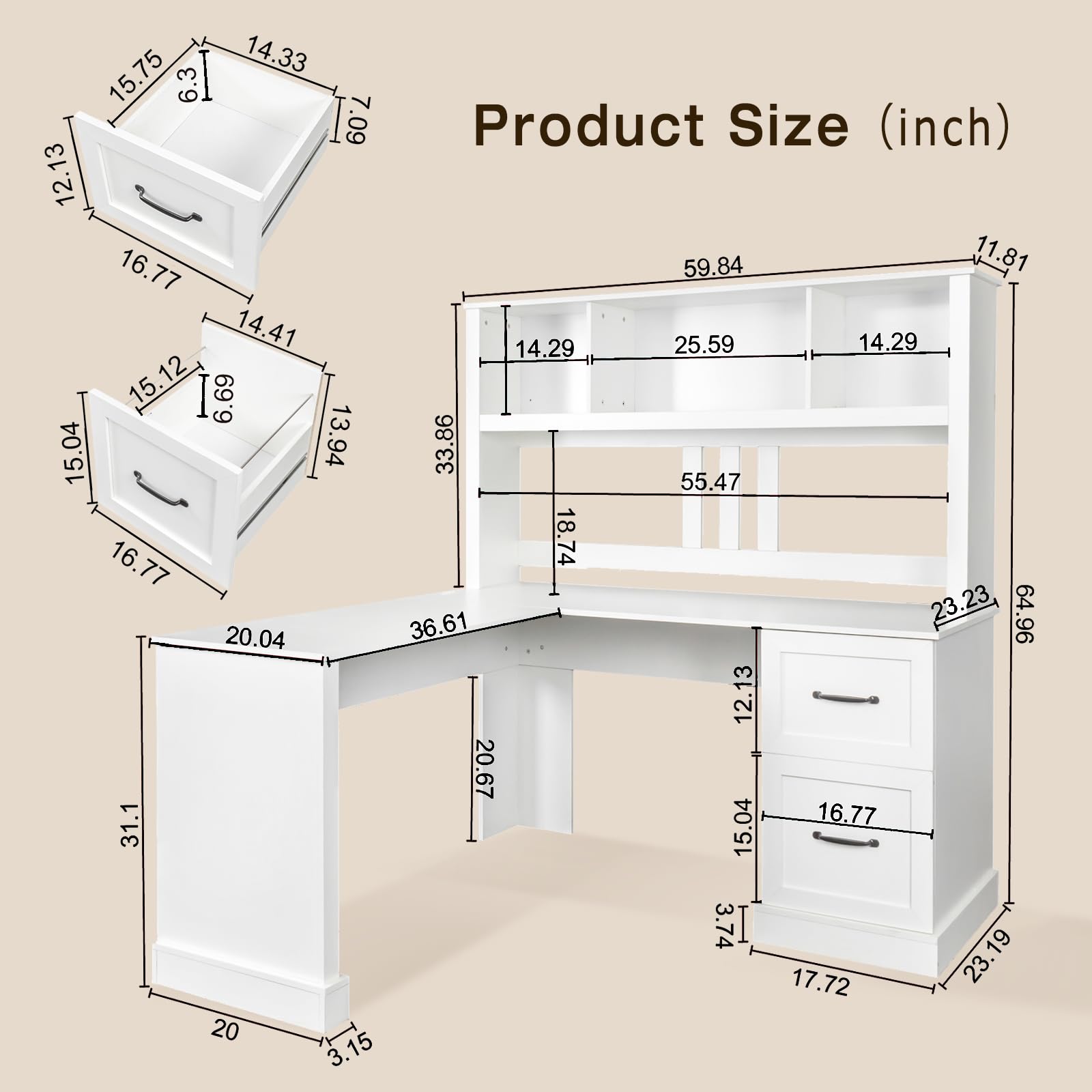 60" L-Shaped Computer Desk with Hutch and 2 Drawers