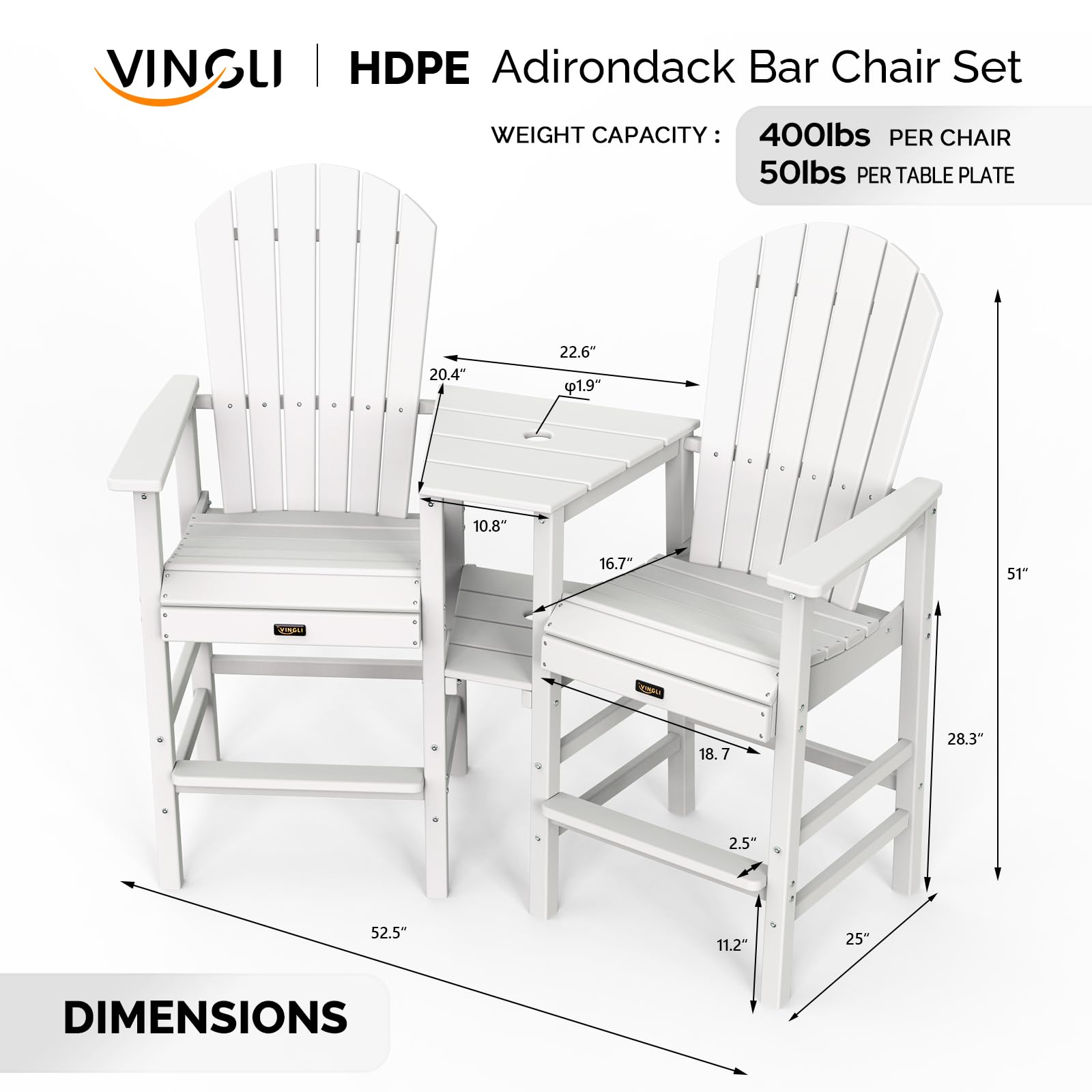 Tall Adirondack Chairs Set of 2 with Dual Trays