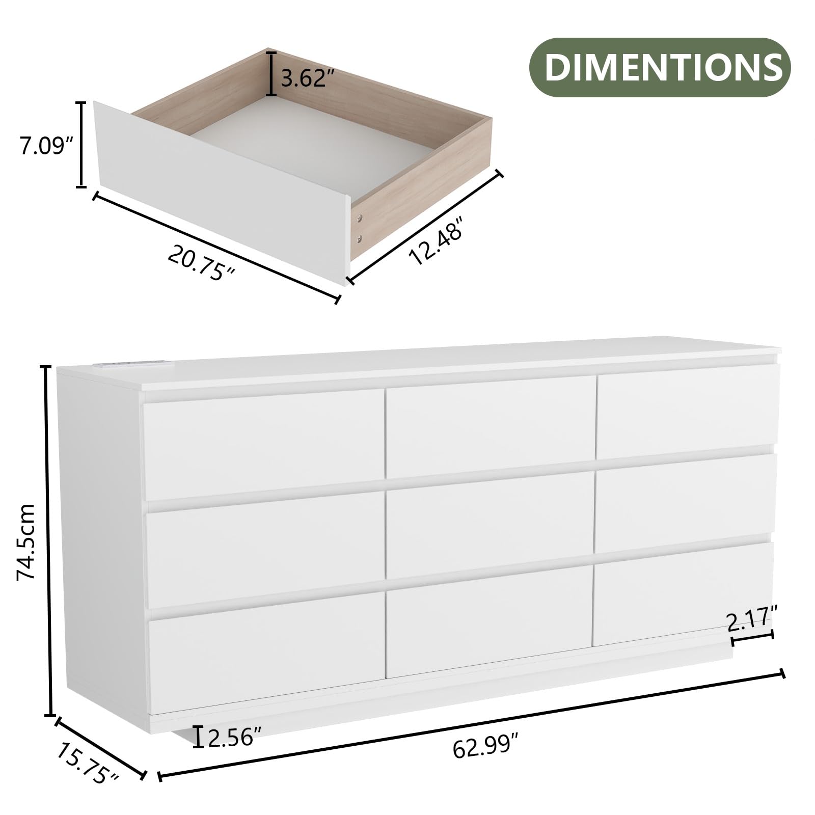 9 Drawer Dresser with LED Light and Power Outlet