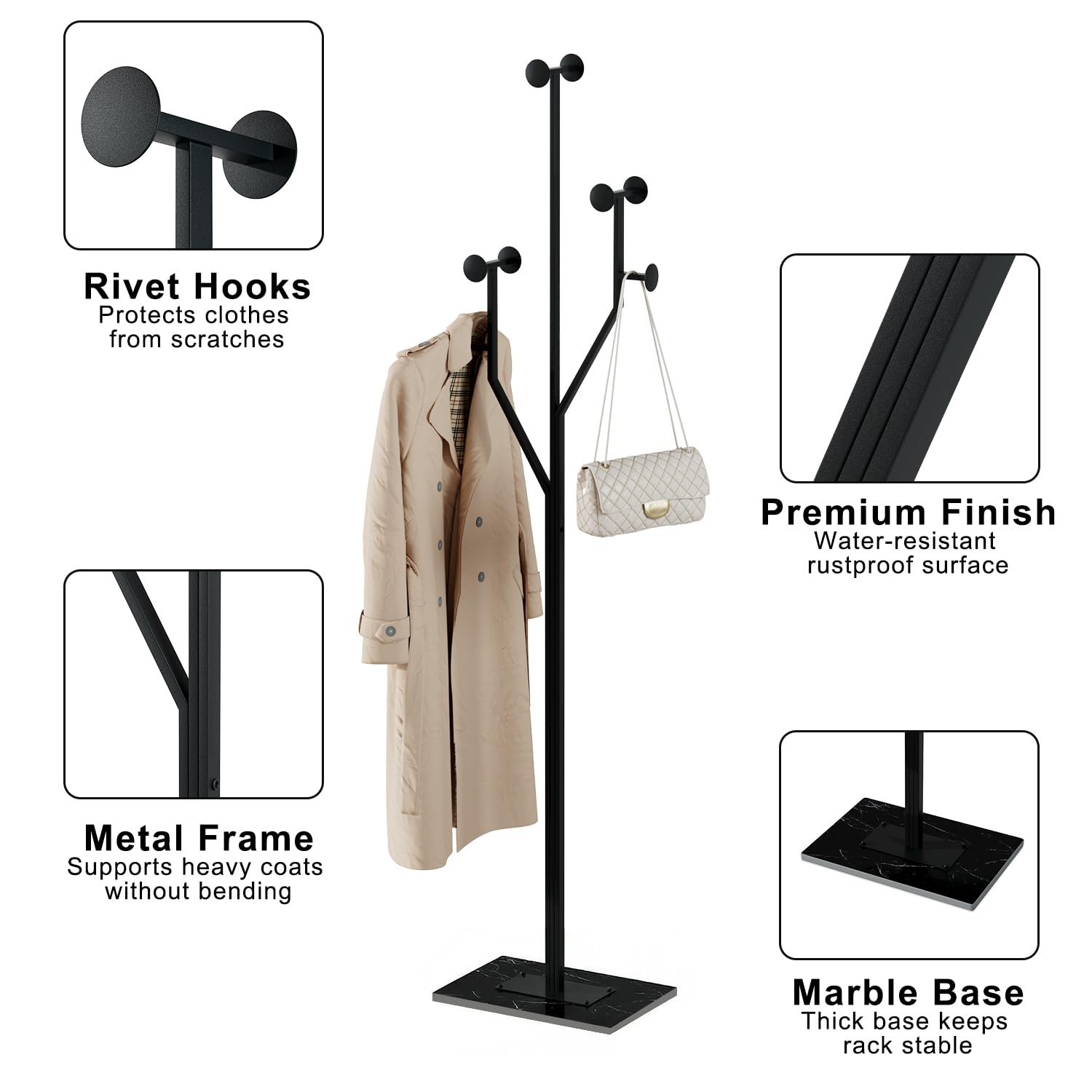 Freestanding Metal Coat Rack with Marble Base