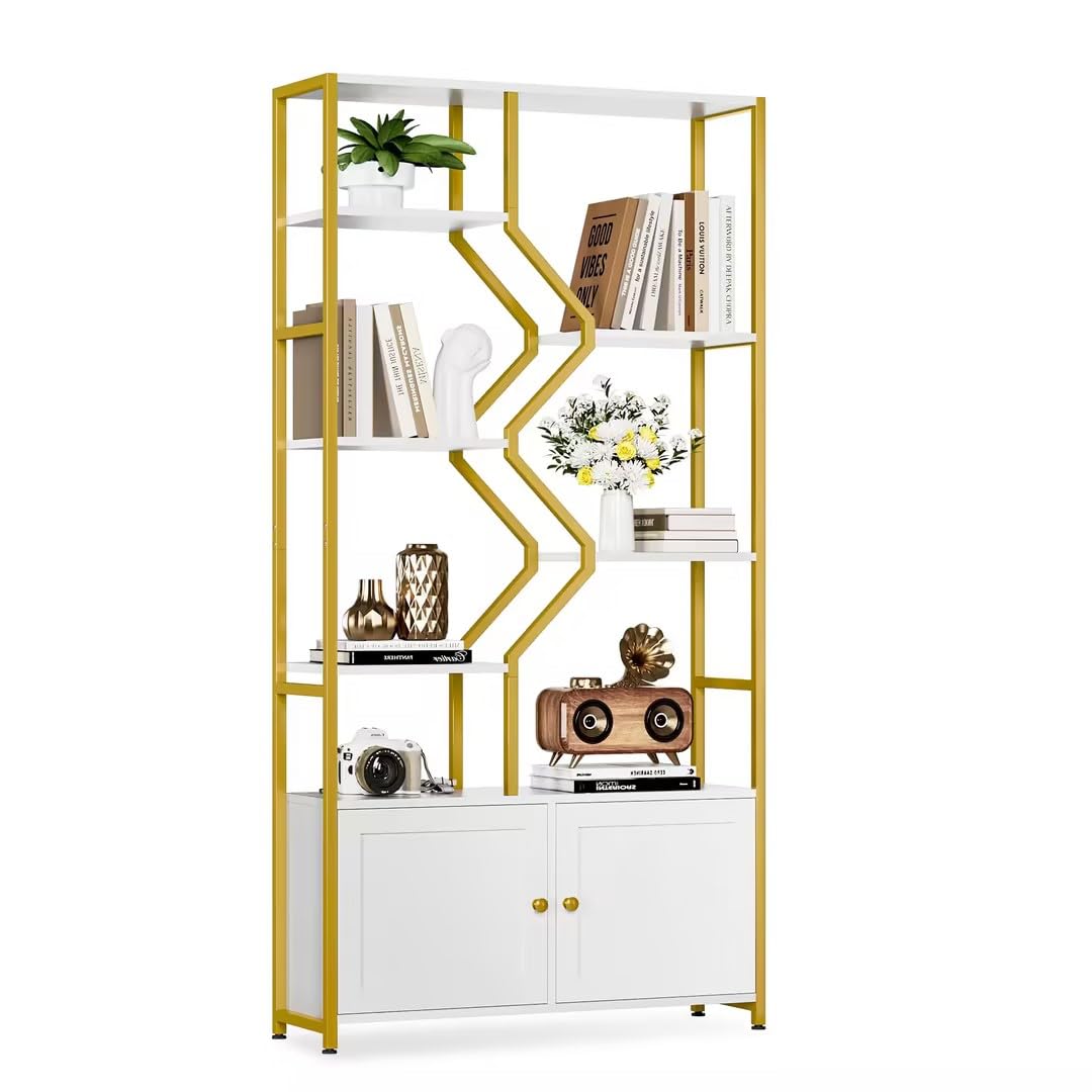 76" Tall Gold Bookshelf with Cabinet Storage