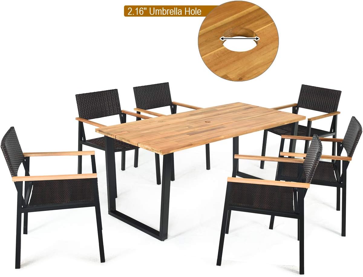 7-Piece Outdoor Dining Set with Acacia Wood Table and Rattan Chairs