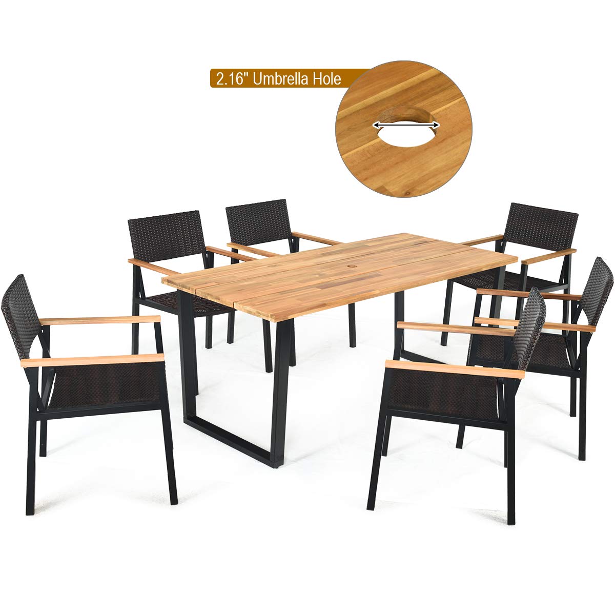 7-Piece Outdoor Dining Set with Acacia Wood Table and Rattan Chairs