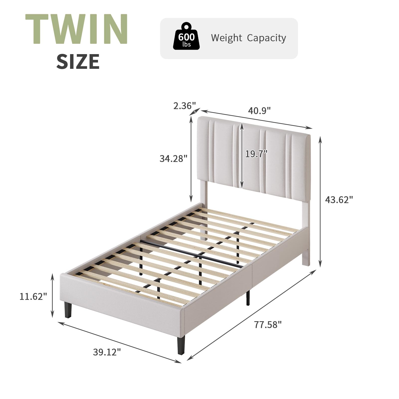 Twin Bed Frame with Upholstered Linen Headboard