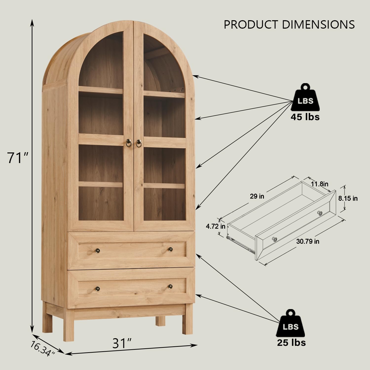 Tall Arched Kitchen Pantry Cabinet with Drawers