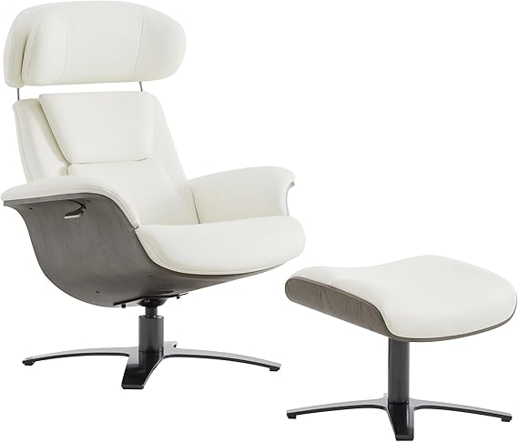 Genuine Leather Reclining Swivel Chair with Adjustable Headrest and Ottoman