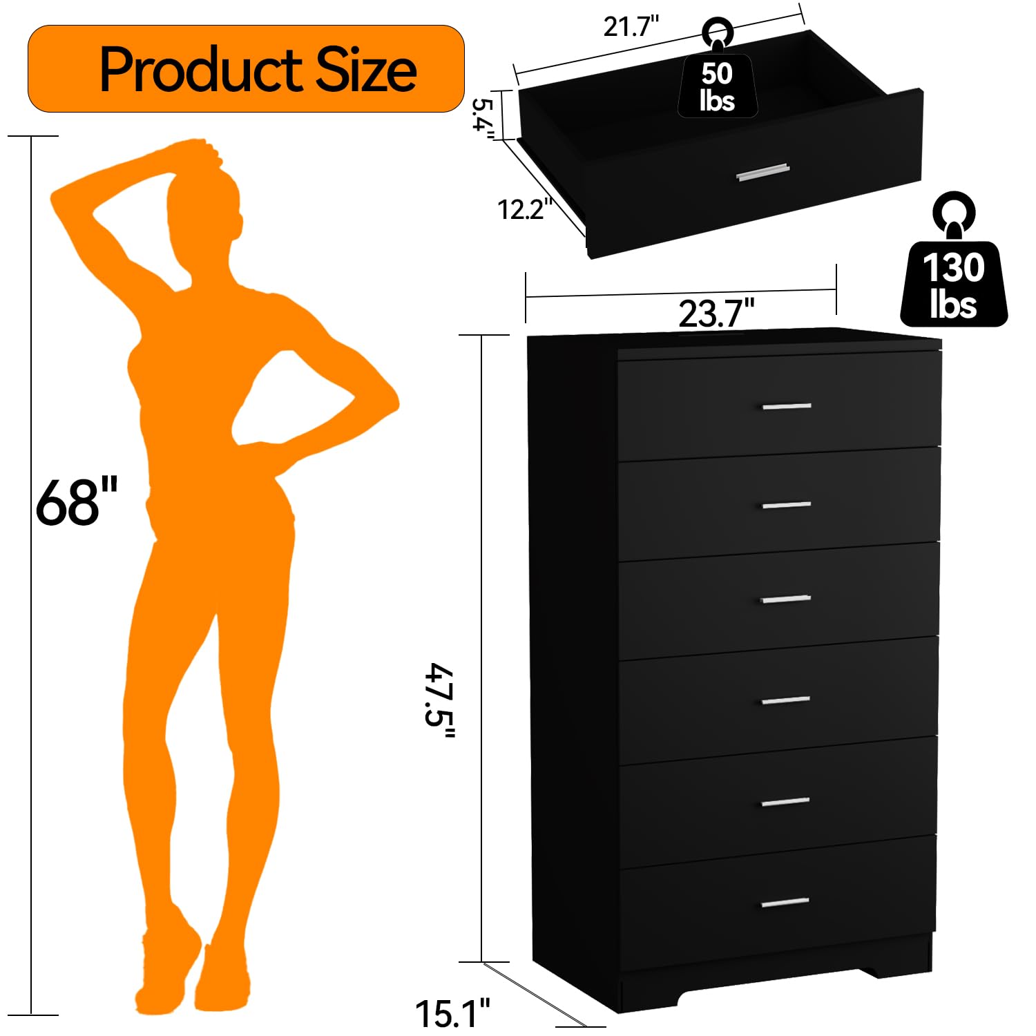 48" Tall Dresser with Charging Station - 6 Drawer Storage Organizer