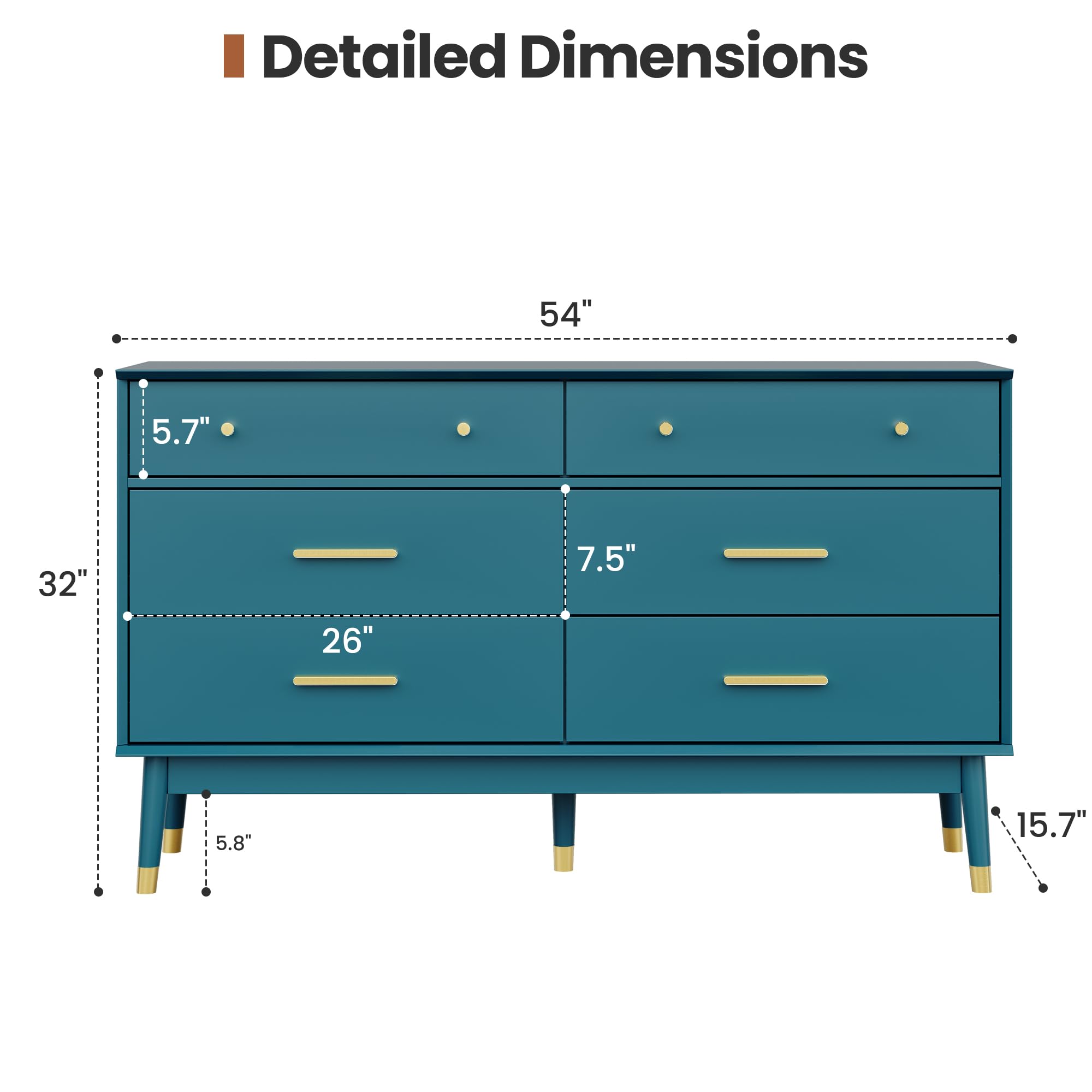 Teal Blue 6 Drawer Dresser with Gold Handles