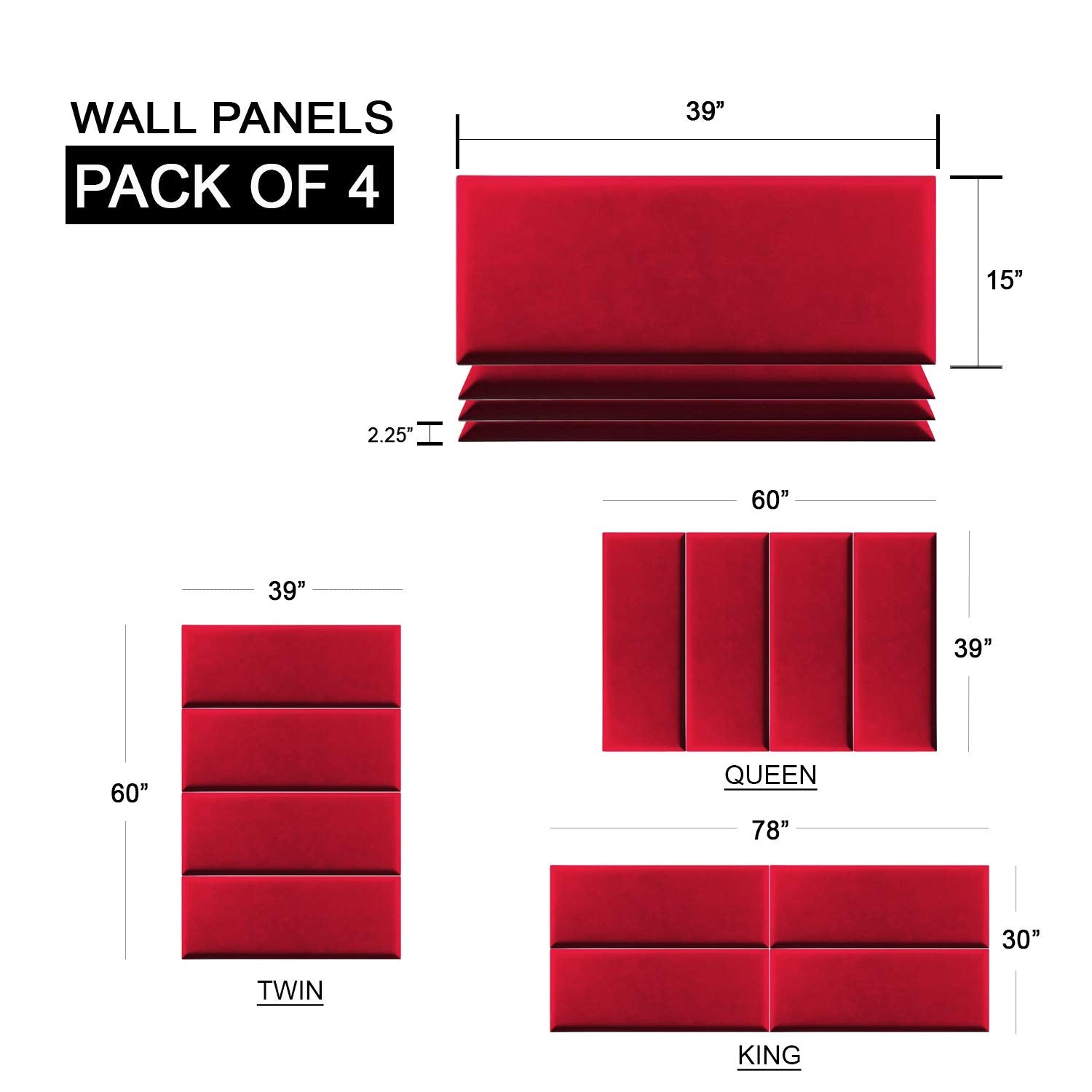Customizable Wall Panel Headboard Set - Velour Red - Pack of 4