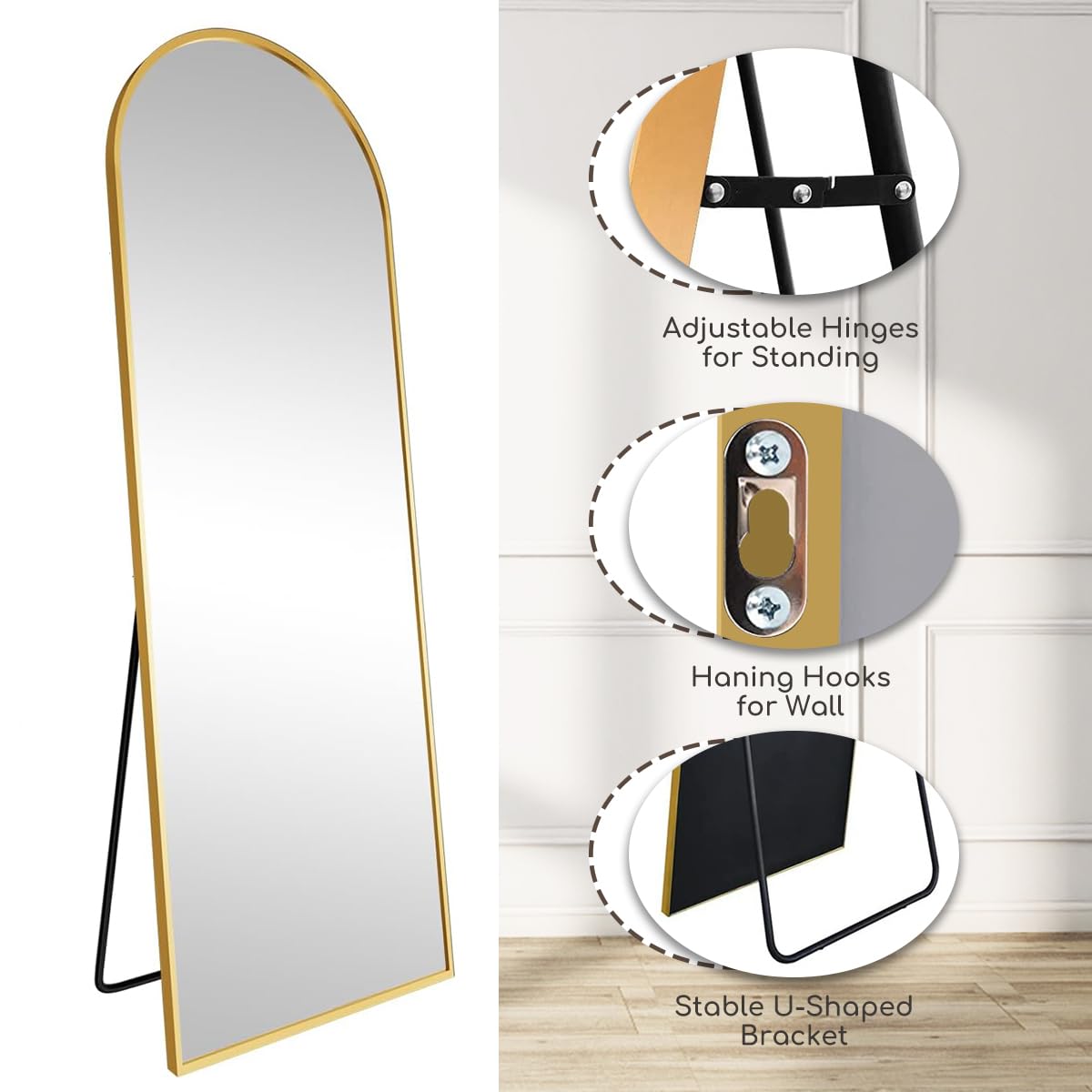 Arched Full Length Mirror 70x26 Gold Aluminum Frame