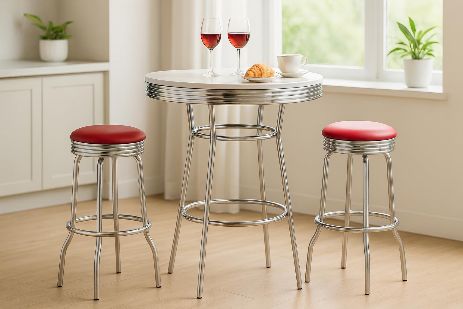 Retro Chrome 3-Piece Pub Bar Set with Swivel Stools
