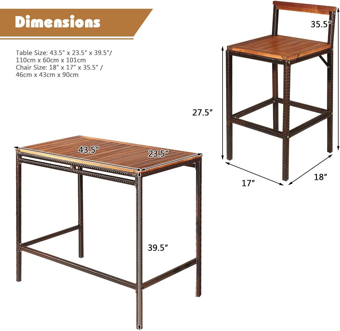 3-Piece Outdoor Rattan Bar Set with Acacia Wood