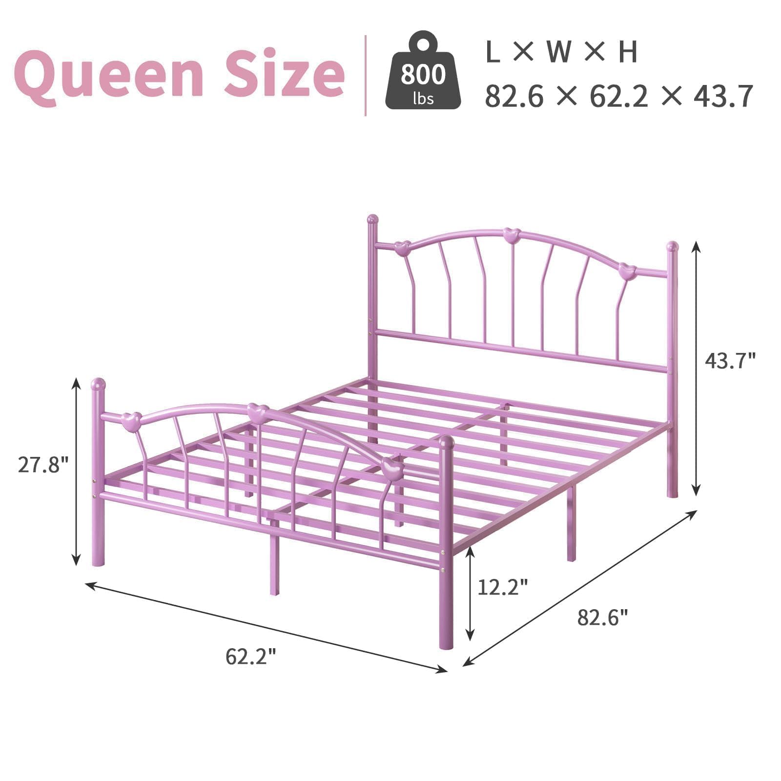 Queen Metal Bed Frame with Heart-Shaped Headboard