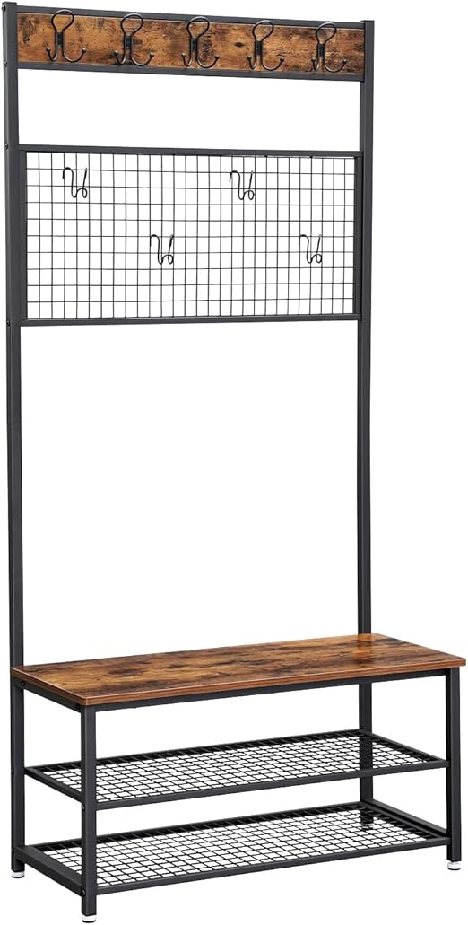 3-in-1 Hall Tree Entryway Bench with Coat Rack and Storage Shelves