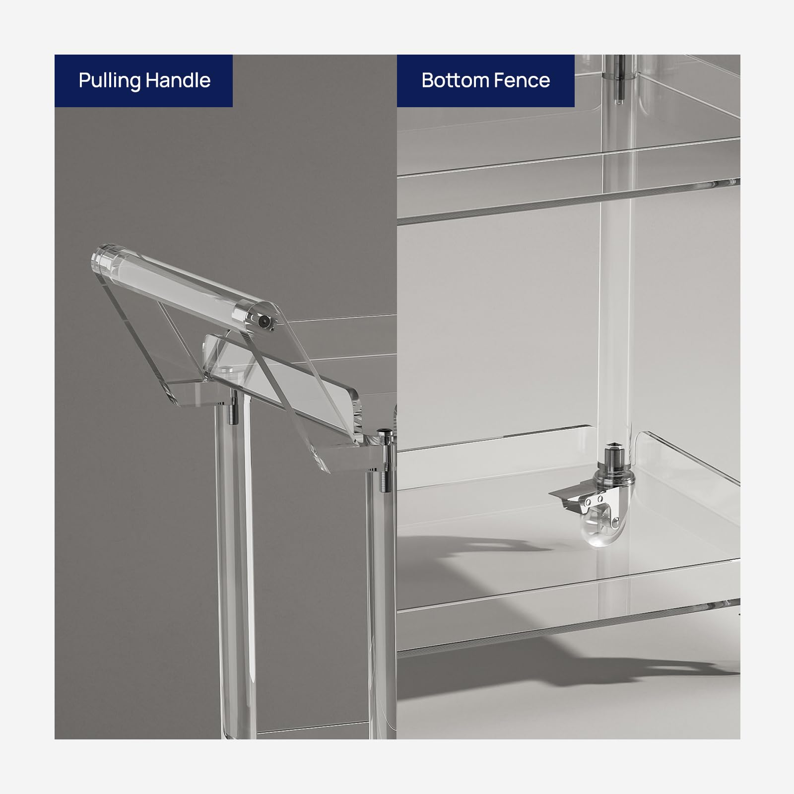 Acrylic Bar Cart with 4 Lockable Wheels - 3-Tier Rolling Serving Cart