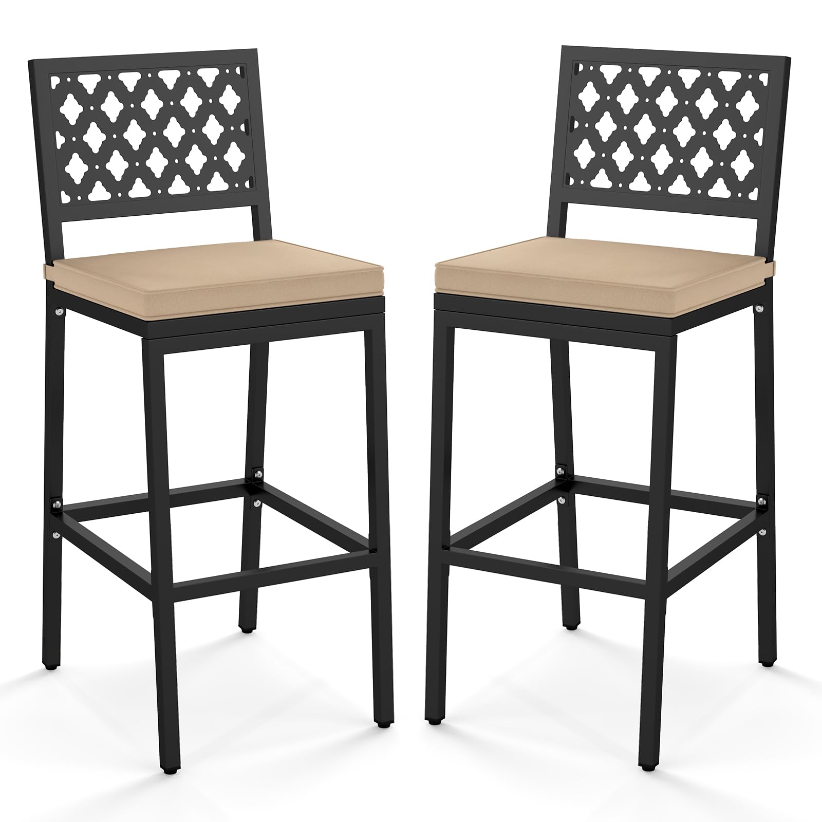 Outdoor Bar Chairs Set of 2 - Counter Height Metal Frame Barstools with Removable Cushions