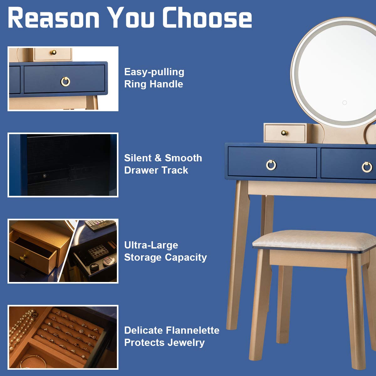 Navy Blue Vanity Desk with 3-Color Lighted Mirror and 4 Drawers