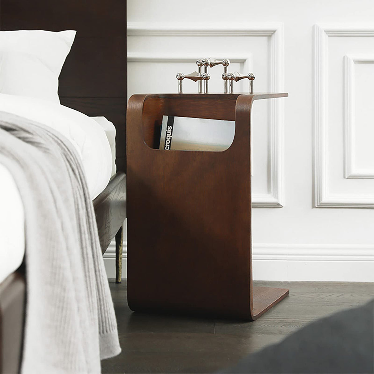 Wood C-Shaped End Table with Storage