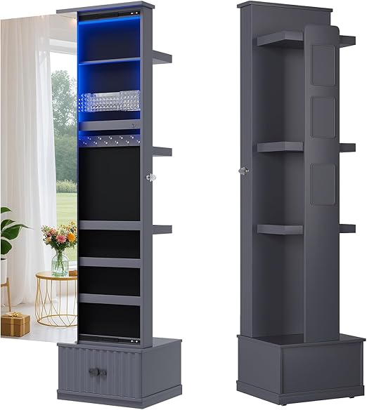 Full Length Mirror Jewelry Cabinet with LED Lights and Storage