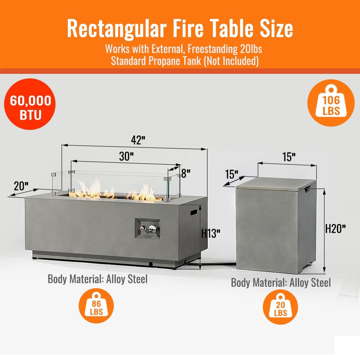 42" Rectangular Propane Fire Pit Table - 50,000 BTU