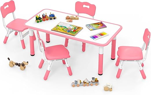 Height Adjustable Kids Table and 4 Chairs Set with Graffiti Desktop