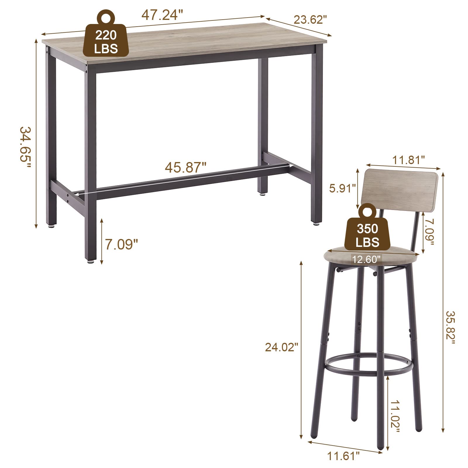 5-Piece Bar Table Set with Upholstered Stools