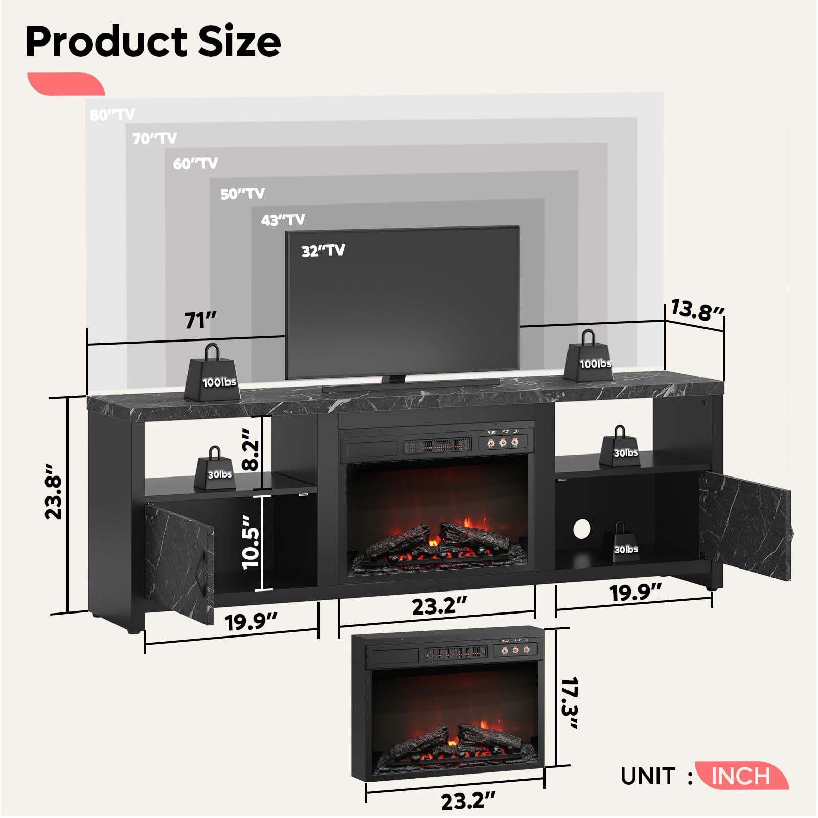 70" Electric Fireplace TV Stand with LED Lights and Storage