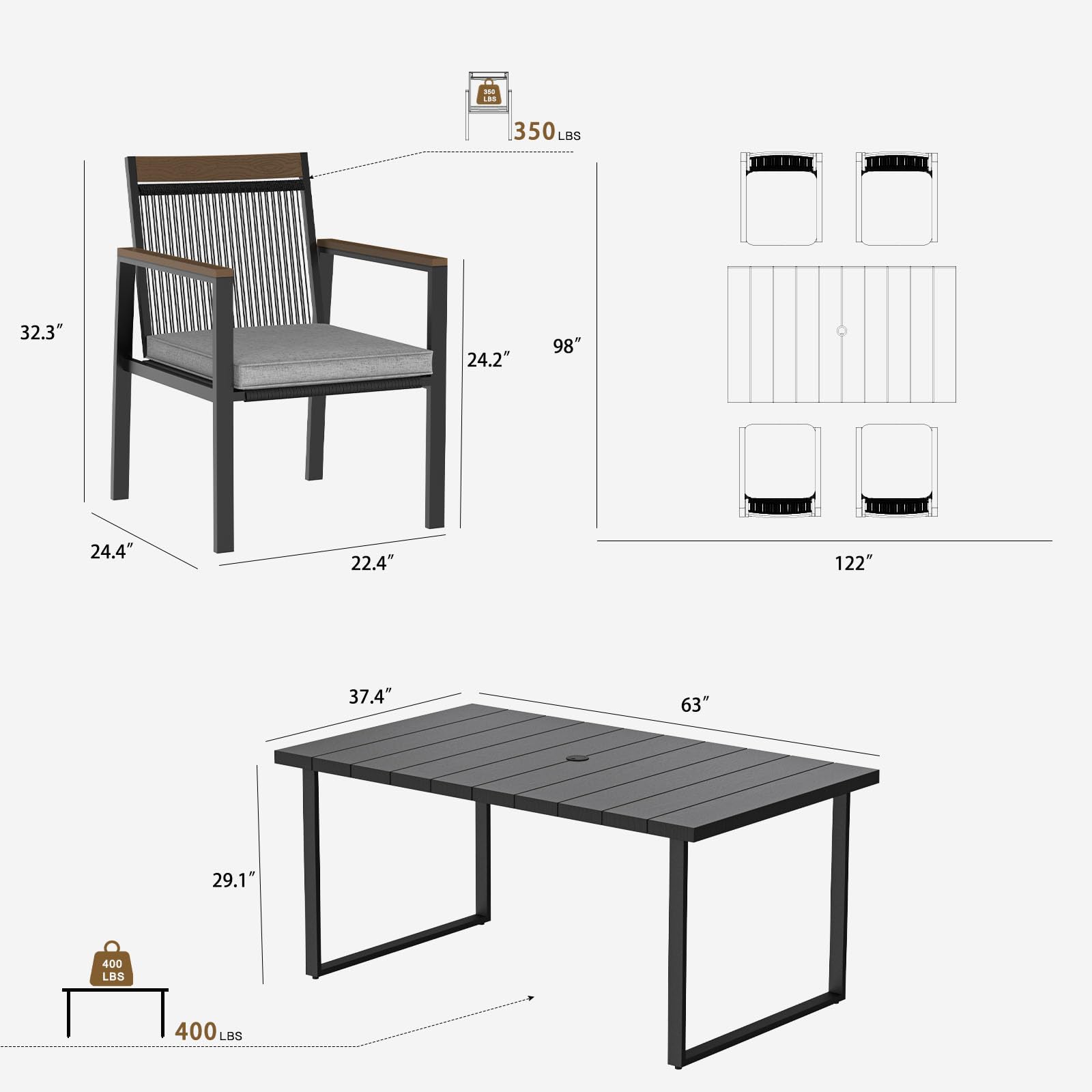 5-Piece Patio Dining Set with Umbrella Hole