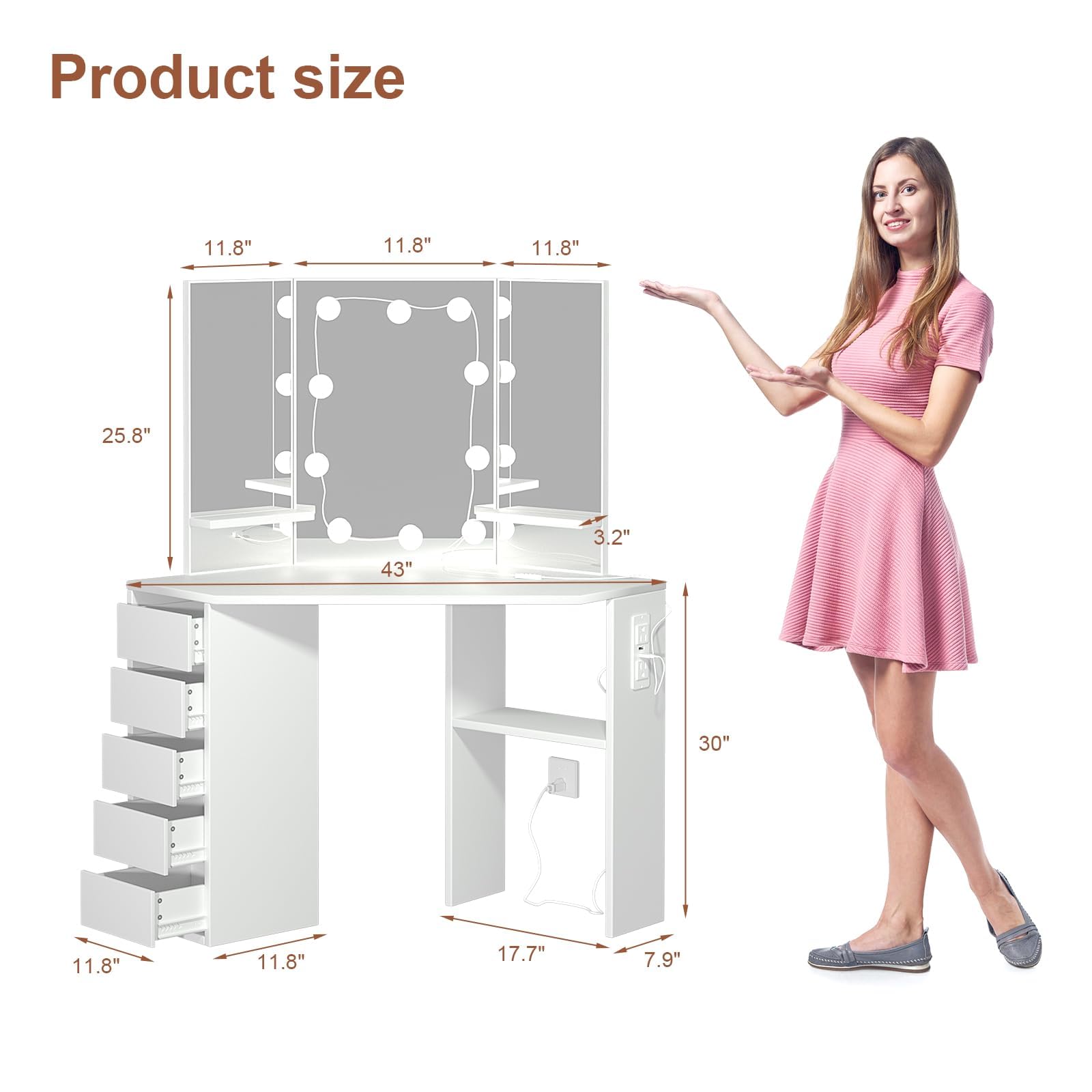 Corner Vanity Desk with Tri-Fold Mirror and Lights