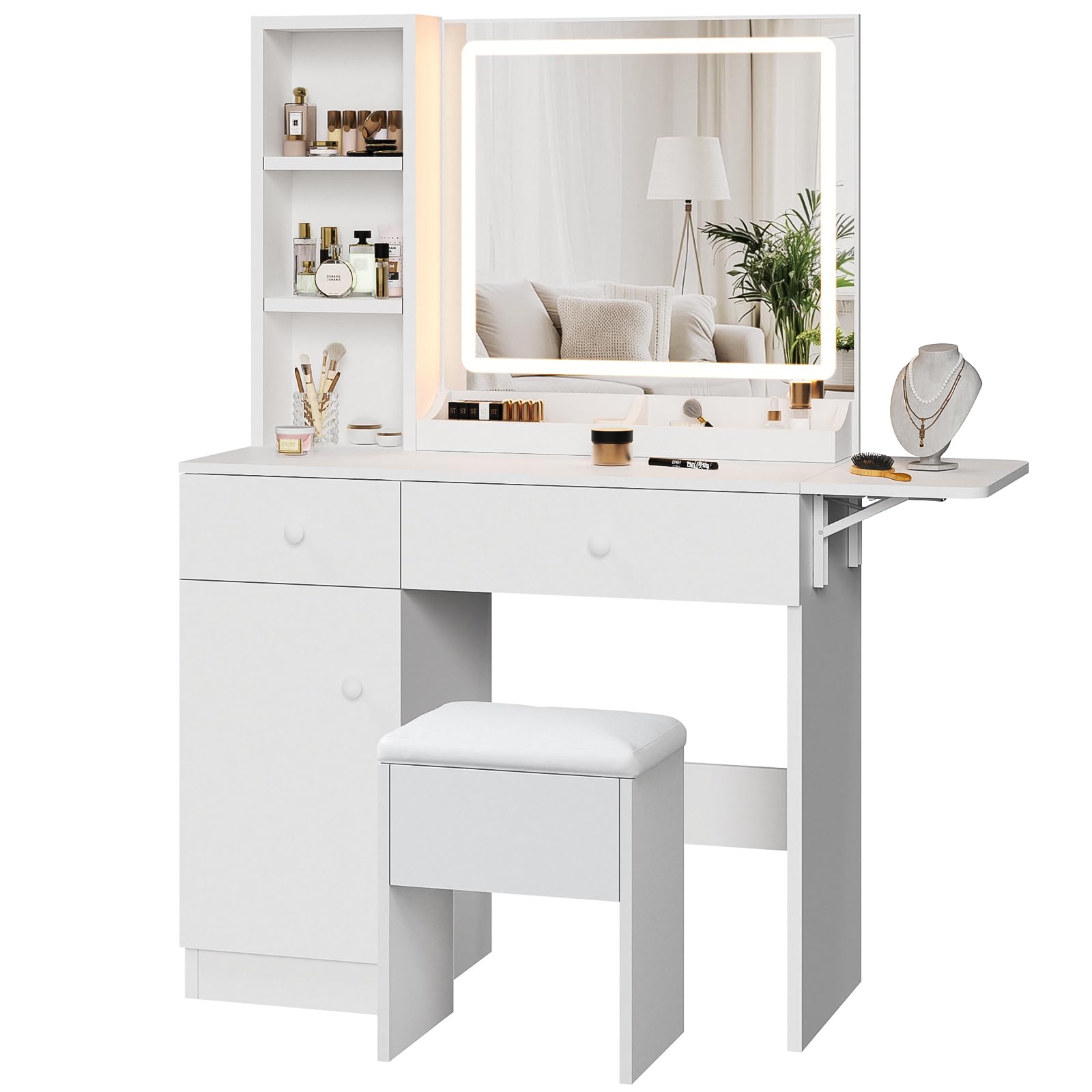 White Vanity Desk with Lighted Mirror and Charging Station