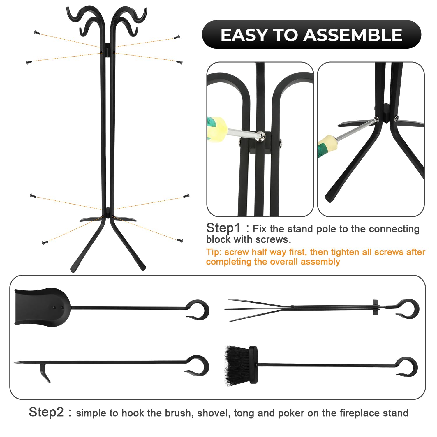 5-Piece Fireplace Tool Set with Stand