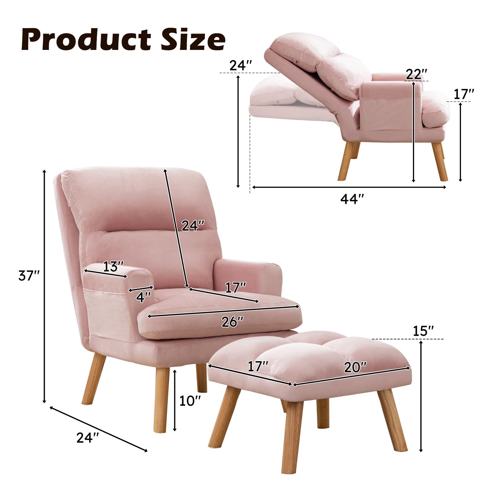 IOMOR Accent Chair with Ottoman Comfy Reading Chair Armchair with Adjustable Backrest and Side Pockets Soft Fabric Leisure Sofa for Bedroom, Living Room, Dorm Rooms, Garden, Pink