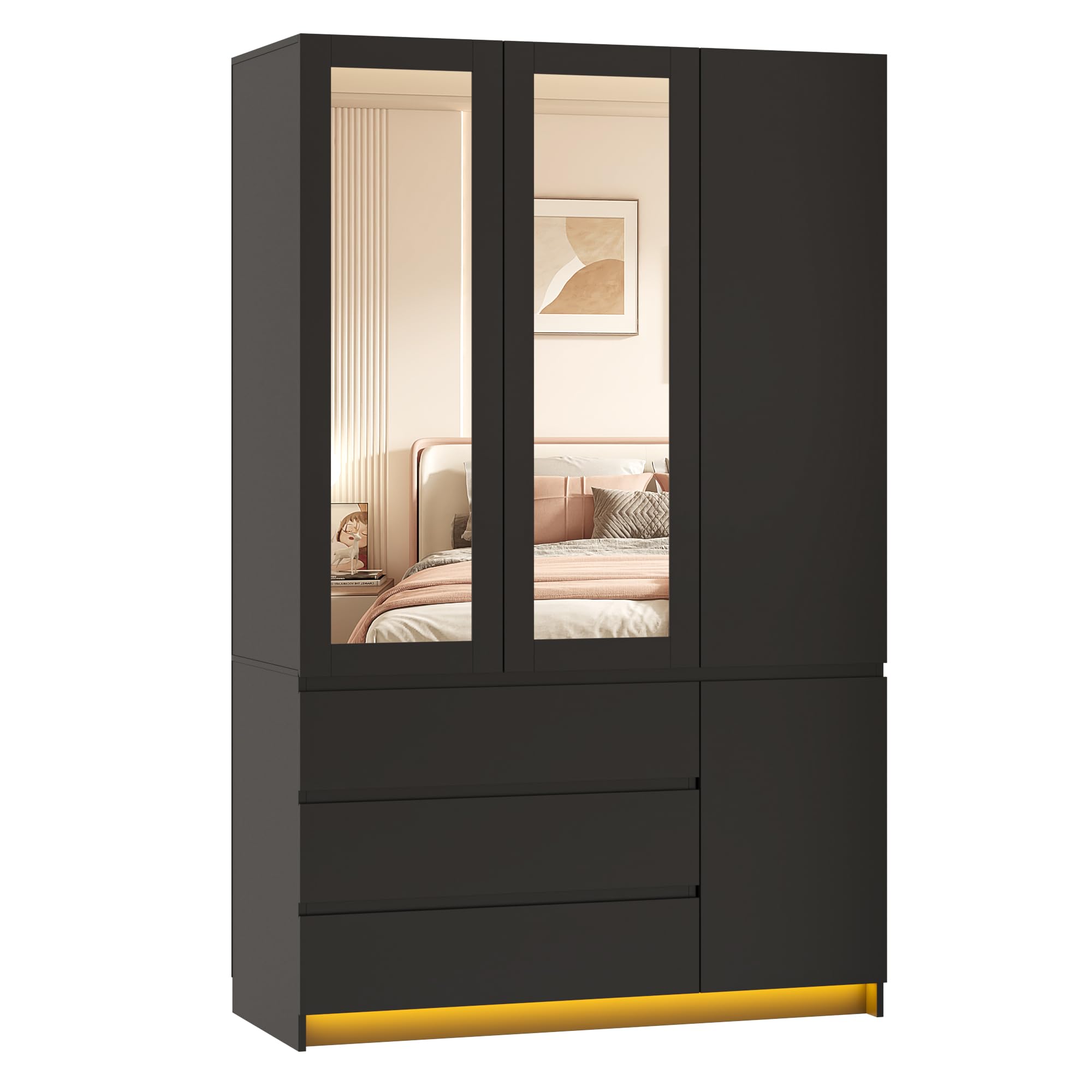 3-Door Armoire Wardrobe with Mirror and LED Lights