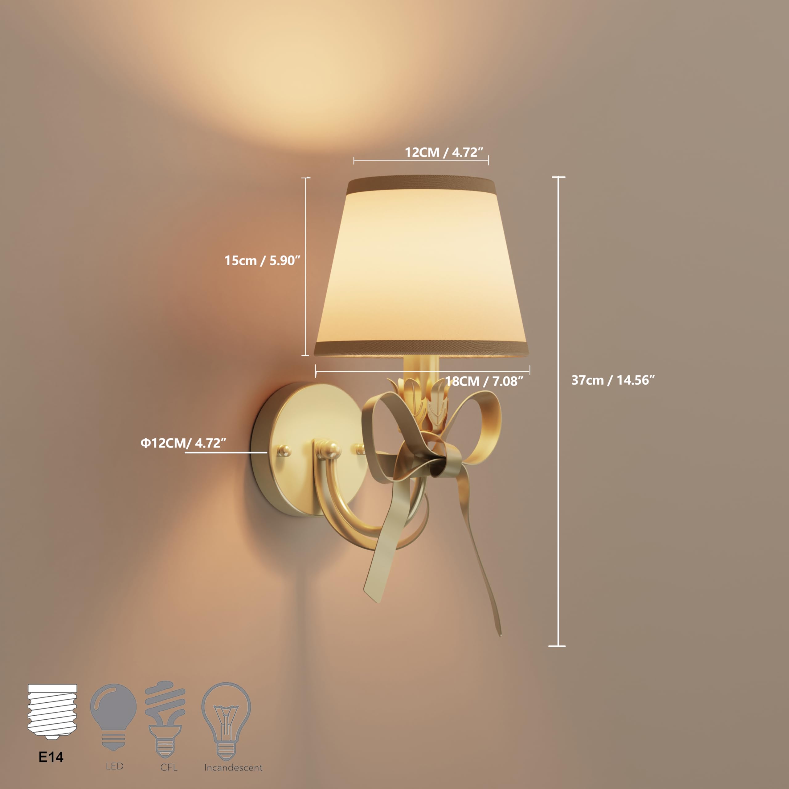 Gold Bow Wall Sconces Set of 2 with White Fabric Shades