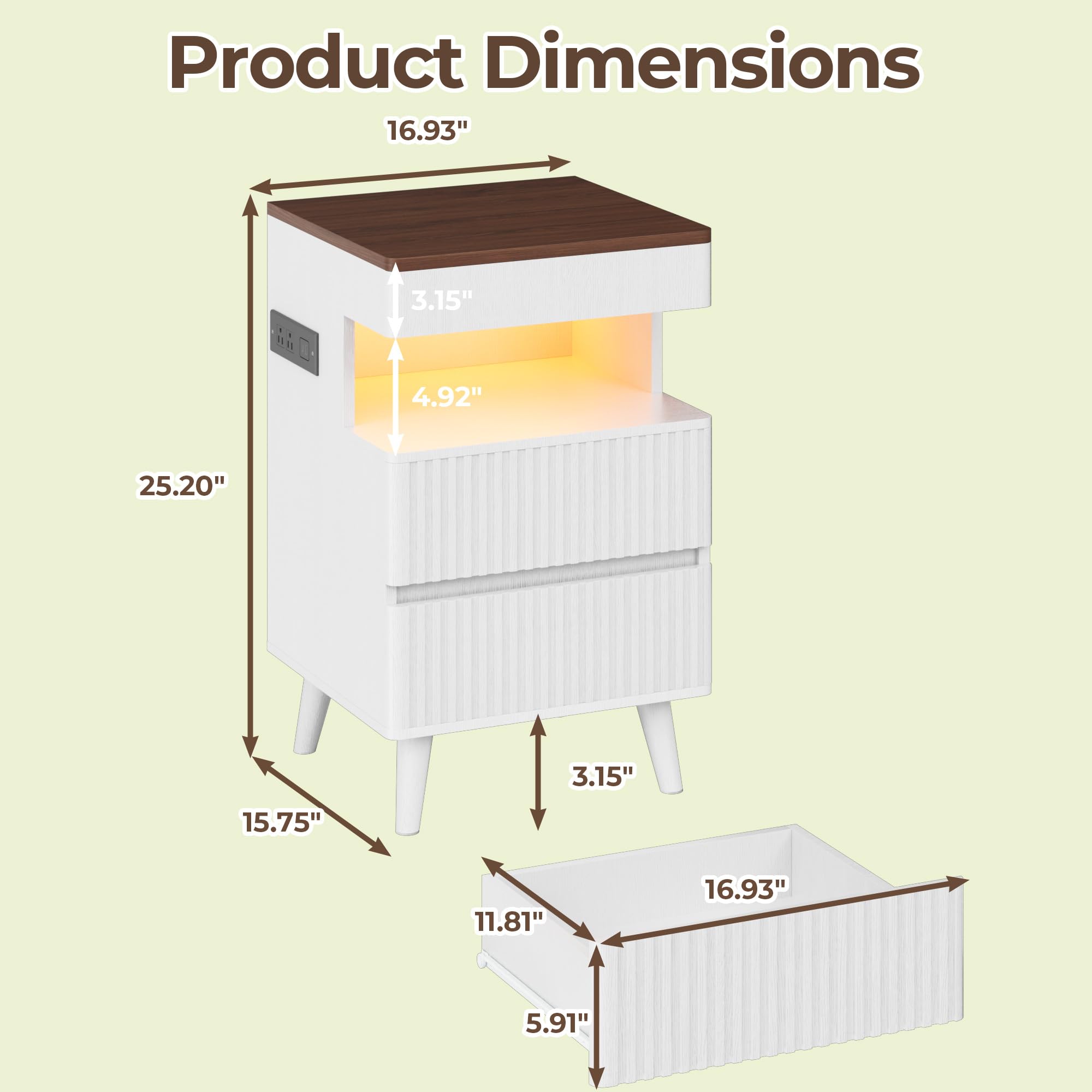 Tall Fluted Nightstand with Charging Station and LED Light