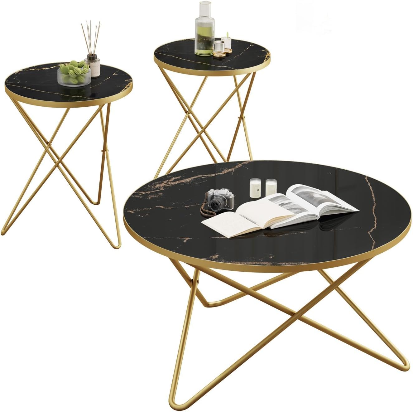 Round Coffee Table and Side Table Set of 3 with Faux Marble Top