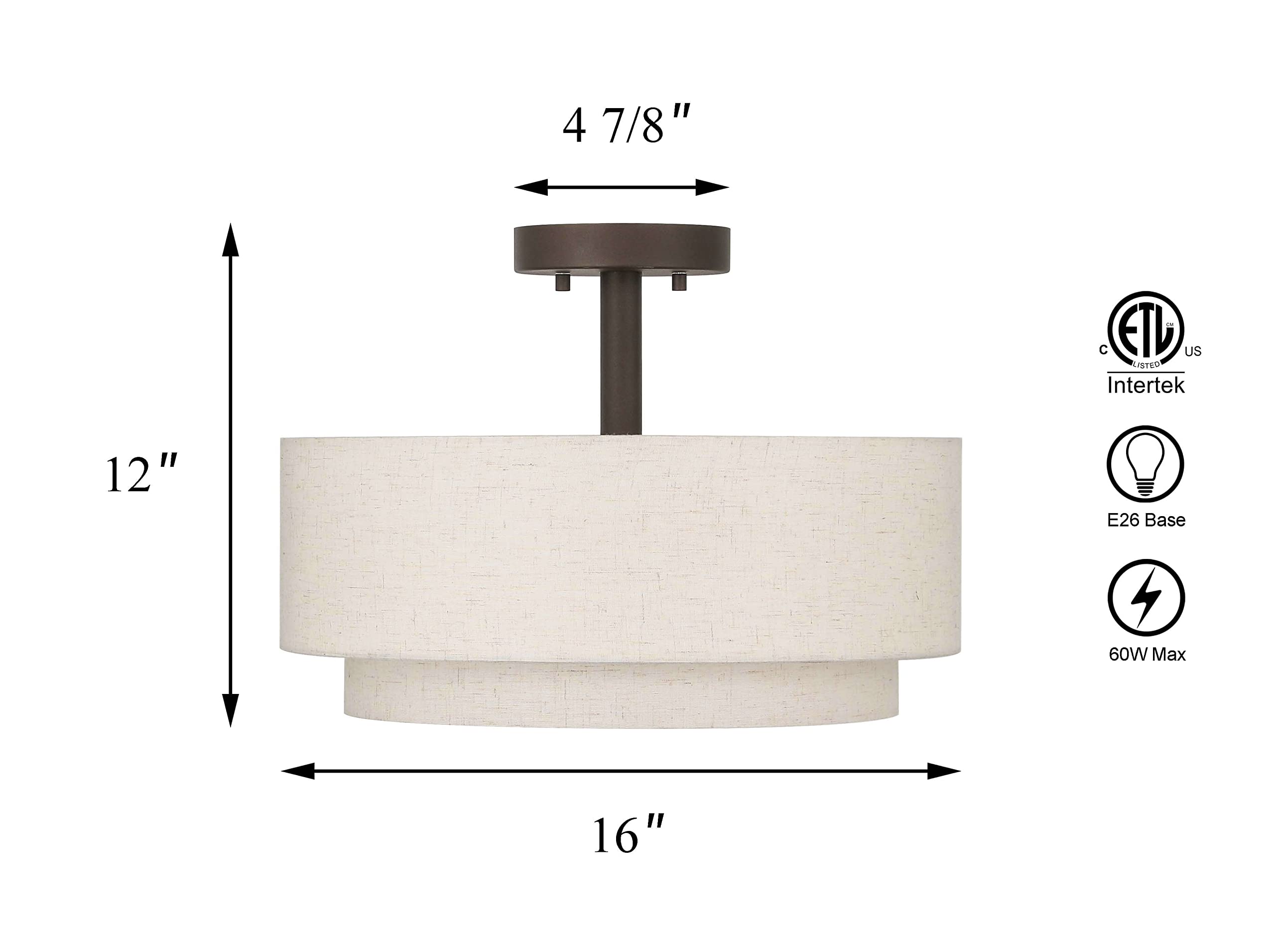 Drum Semi Flush Mount Ceiling Light - 3 Light Fixture with Fabric Shade