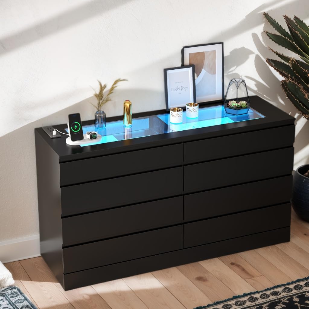 8 Drawer Dresser with Glass Top and Power Outlet