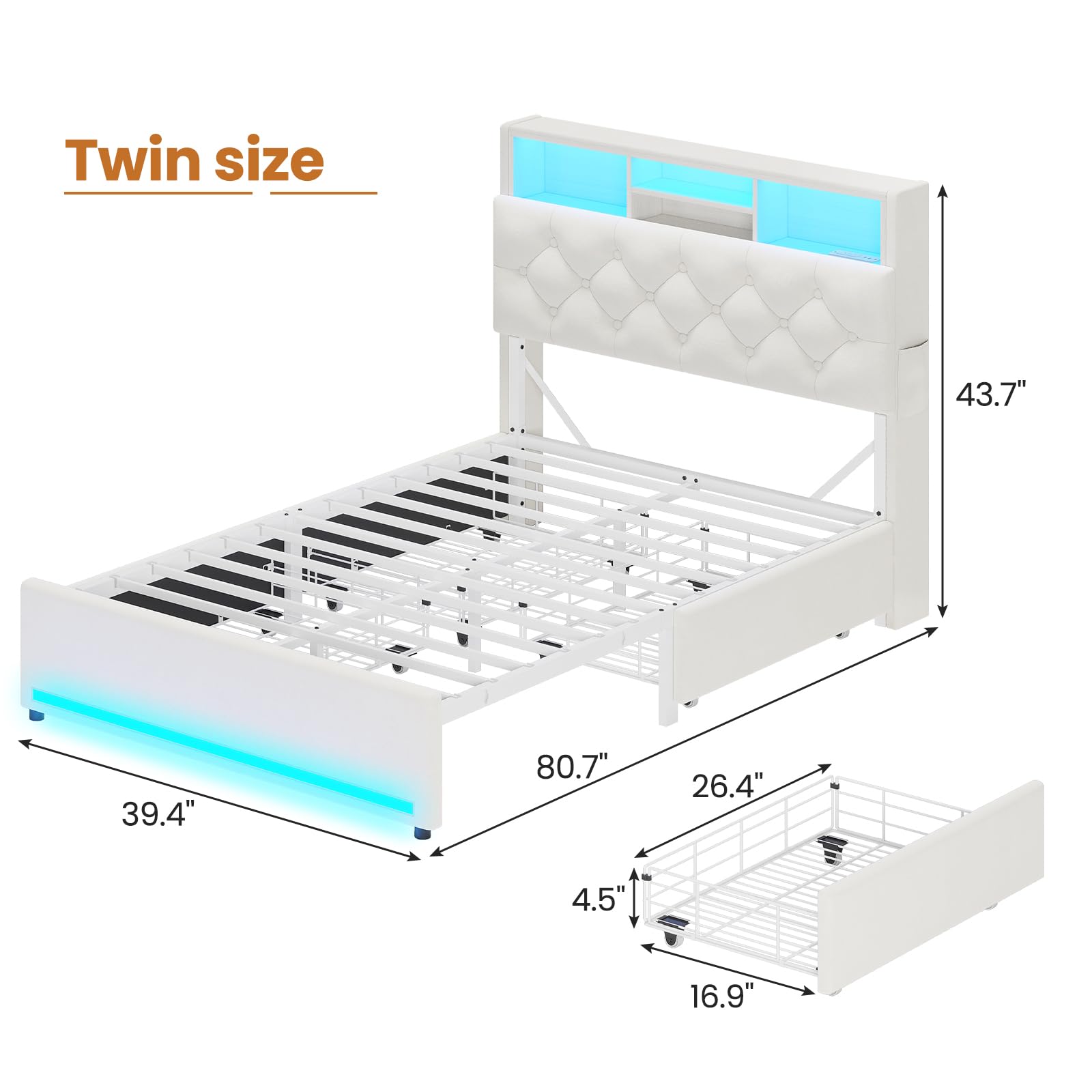 Twin Bed Frame with Bookcase Headboard and LED Lighting