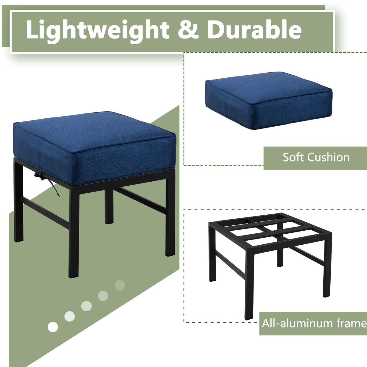 2-Piece Outdoor Patio Ottomans with Blue Cushions