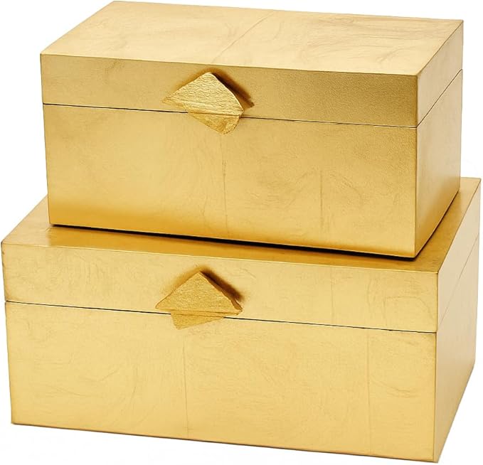 Decorative Wooden Storage Boxes with Gold Accent - Set of 2