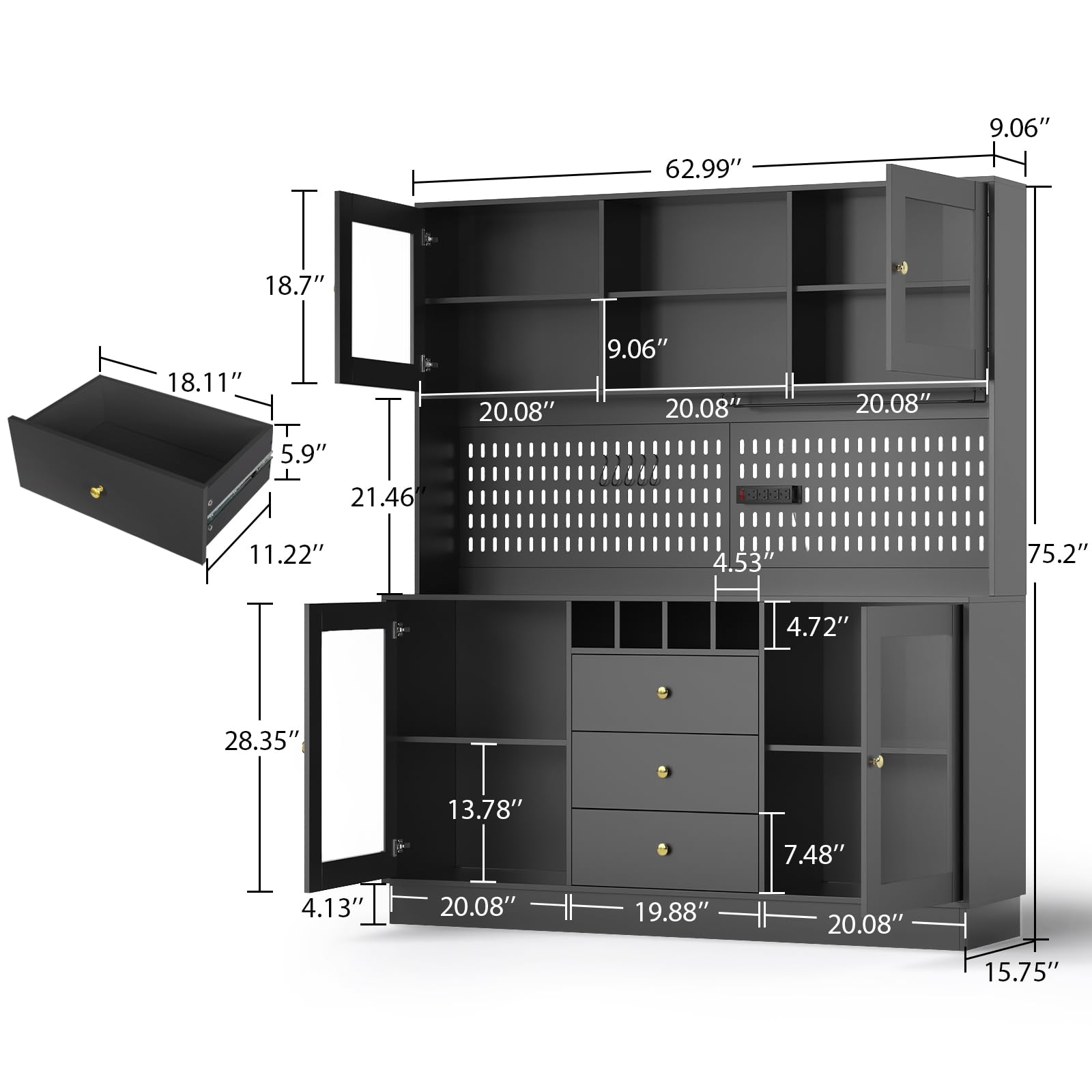 75" Tall Kitchen Hutch Cabinet with Pegboard