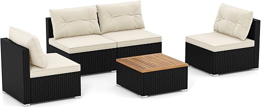 5-Piece PE Rattan Outdoor Sectional Set with Acacia Wood Coffee Table