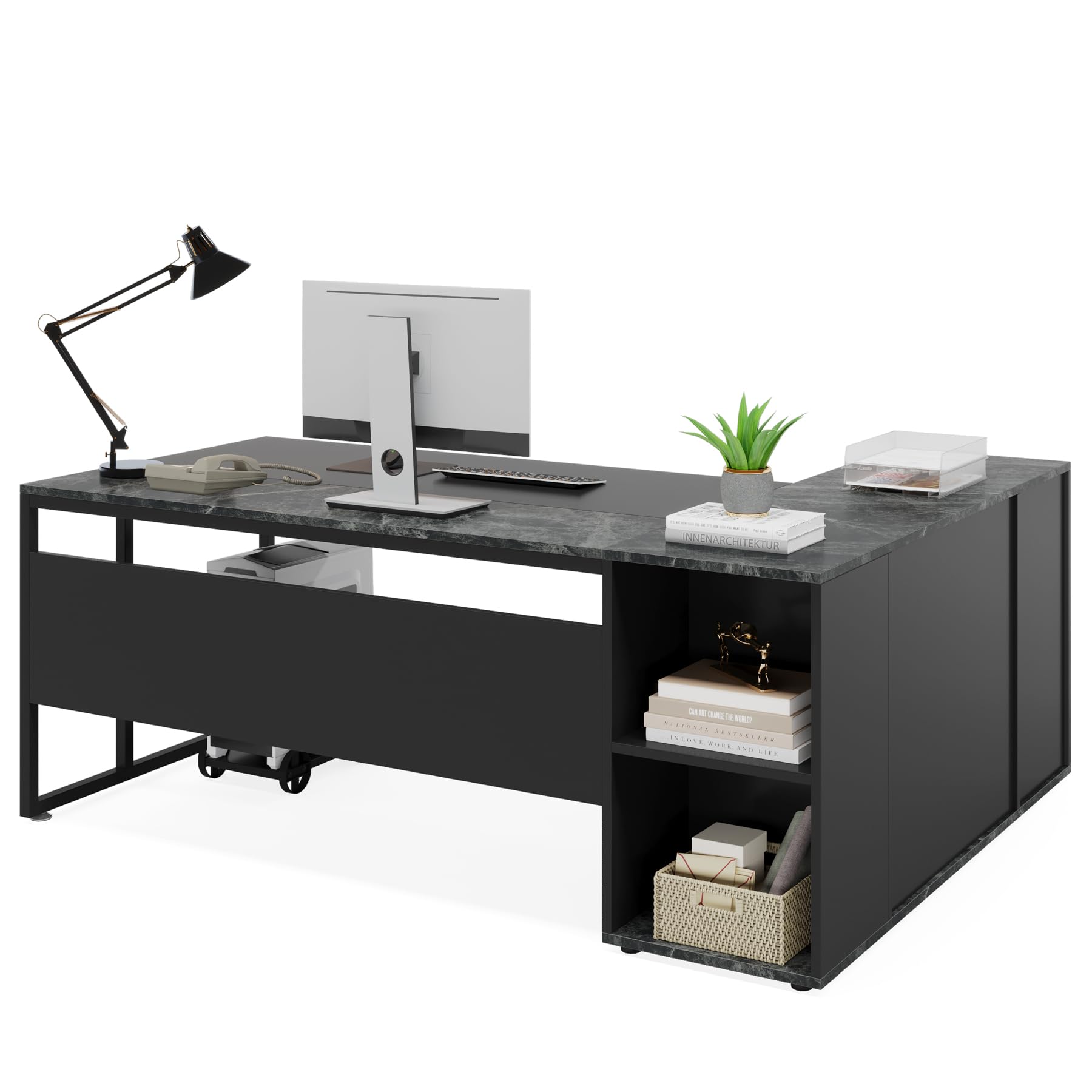 71 Inch L-Shaped Executive Desk with Cabinet Storage