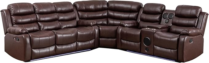 Faux Leather Reclining Sectional Sofa with LED Light and USB Chargers
