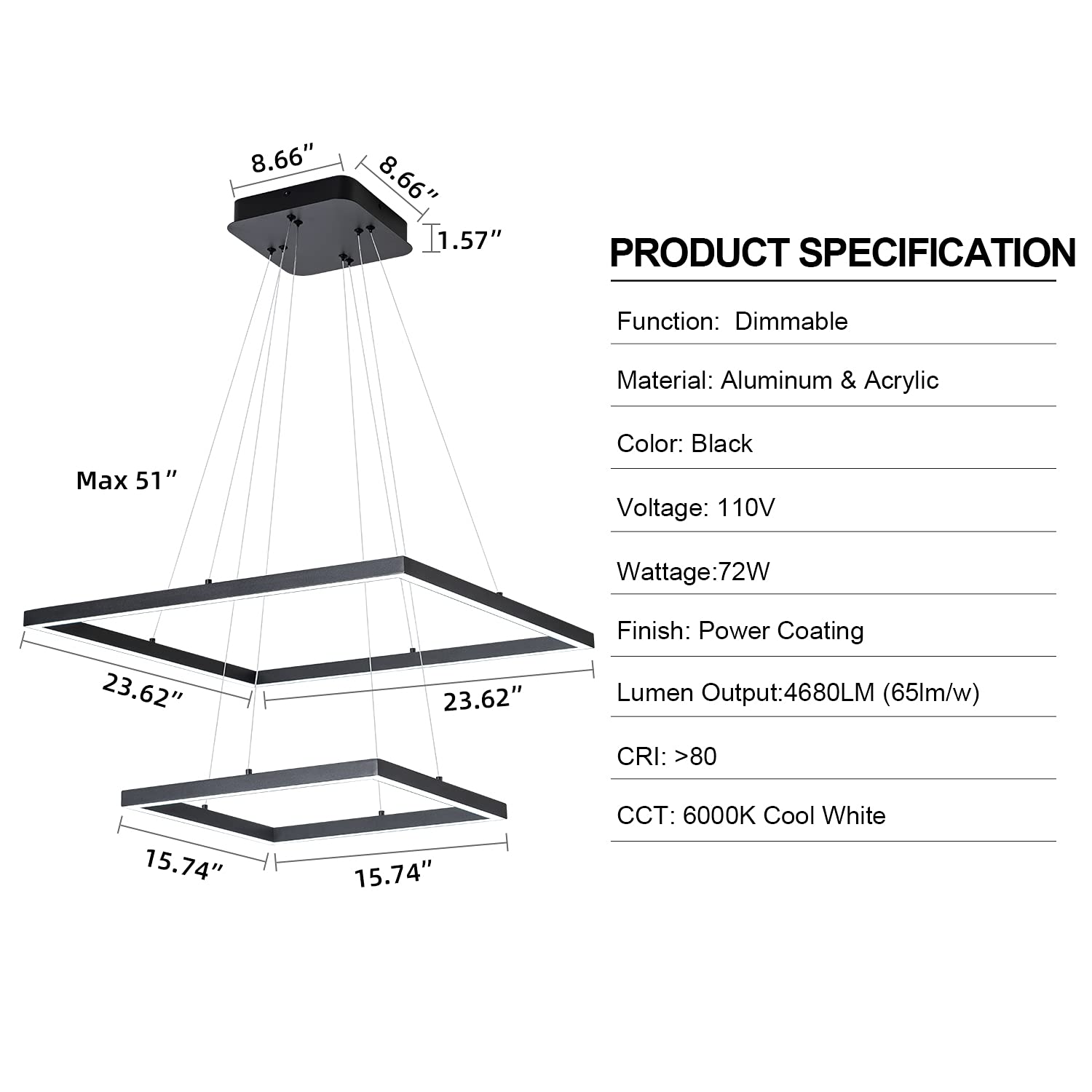 Modern LED Square Chandelier Dimmable Pendant Light