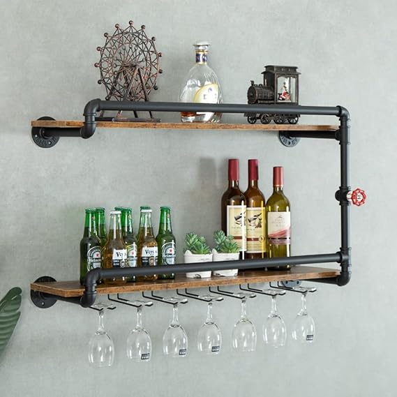 Wall Mounted Wine Rack 2 Tier with Glass Holder