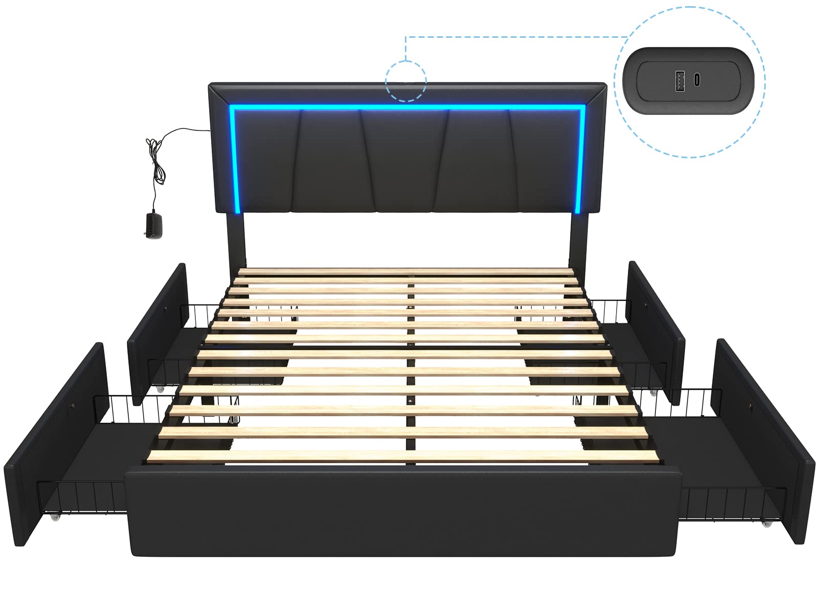 Queen Platform Bed Frame with LED Headboard, 4 Storage Drawers & USB Ports – Black Faux Leather, No Box Spring
